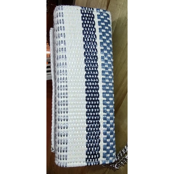 Teal Blue & Cream Stripe, Faux Rattan Square Mini Crossbody Purse - Picture 7 of 10